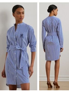 Lauren Ralph Lauren Striped Belted Broadcloth Shirtdress Size 18W